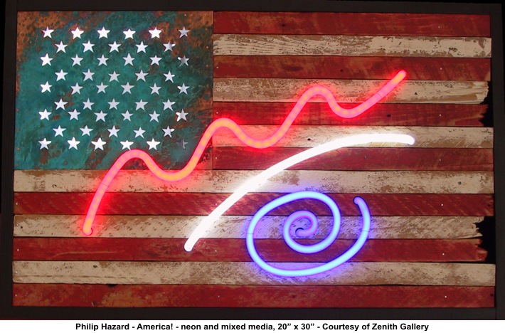 Philip Hazard "America!" neon/mixed media/Courtesy Zenith Gallery
