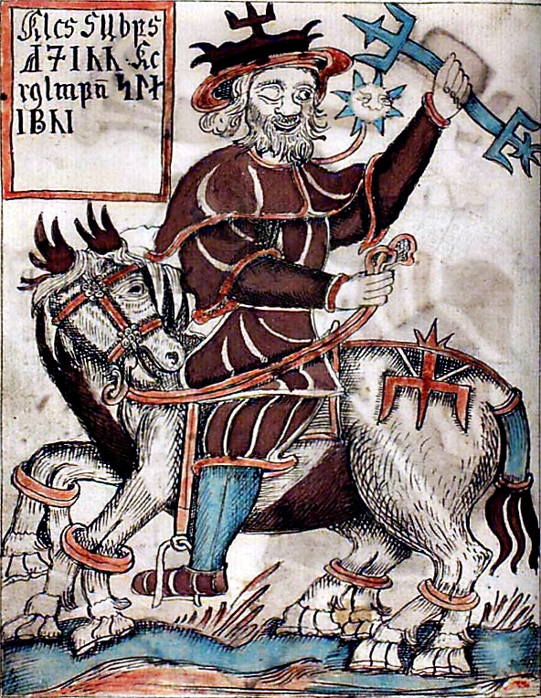Odin, slayer of the Frost Giant, riding Sleipnir. 18th C. Icelandic, Danish Royal Library/Wikimedia Commons