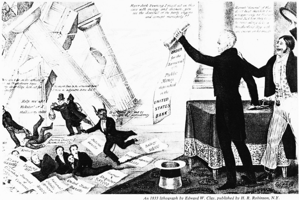English: Lithograph by Edward W. Clay. Praises Andrew Jackson for his destroying the Second Bank of the United States with his "Removal Notice" (removal of federal deposits). Nicolas Biddle portrayed as The Devil, along with several speculators and hirelings, flee as the bank collapses while Jackson's supporters cheer.