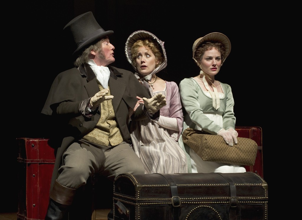 Elizabeth (Kate Hurster, right) is troubled when Mr. and Mrs. Gardiner (Michael J. Hume, Robin Goodrin Nordli) suggest a visit to Mr. Darcy's estate. Photo by David Cooper.
