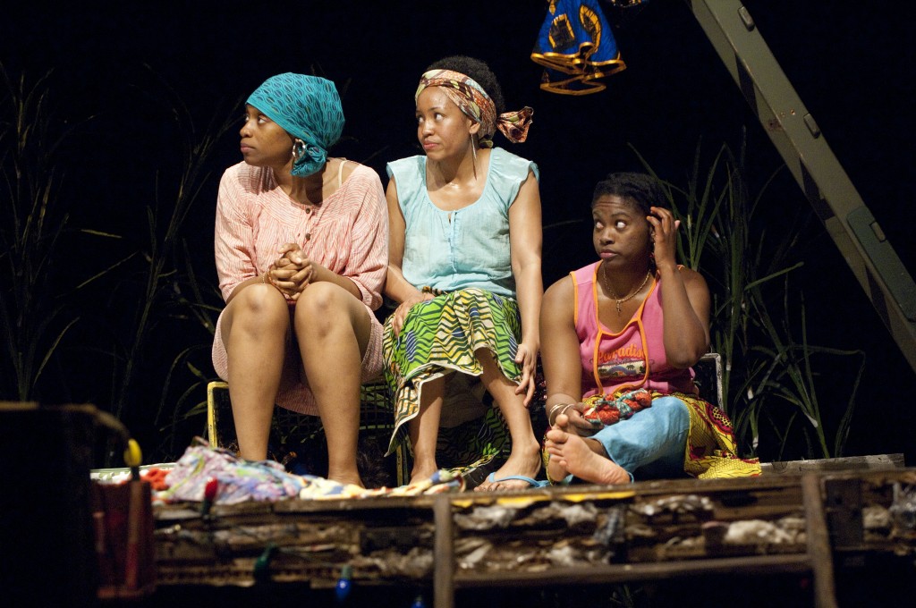 Mama Nadi's approach gets her girls' attention (from left, Chinasa Ogbuagu, Dawn-Lyen Gardner, Victoria Ward). Photo by Jenny Graham.