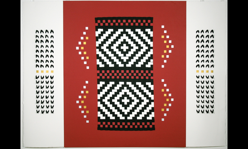 Blanket Dance, 2005, 3' x 4', Arches black and white cover stock and Strathmore Red and gold and silver Japanese. (Availalbe through the Stonington Gallery, Seattle.)