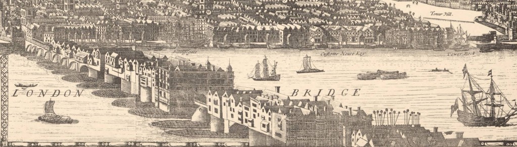 Drawing of London Bridge from a 1682 London map. Surveyed by: Morgan, William, d. 1690. Published: London, London Topographical Society, 1904. Wikimedia Commons