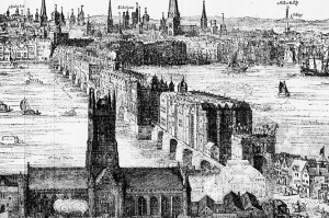 Detail from 1616 etching by Claes Van Visscher, showing Old London Bridge with Southwark Cathedral in the foreground. Wikimedia Commons. 