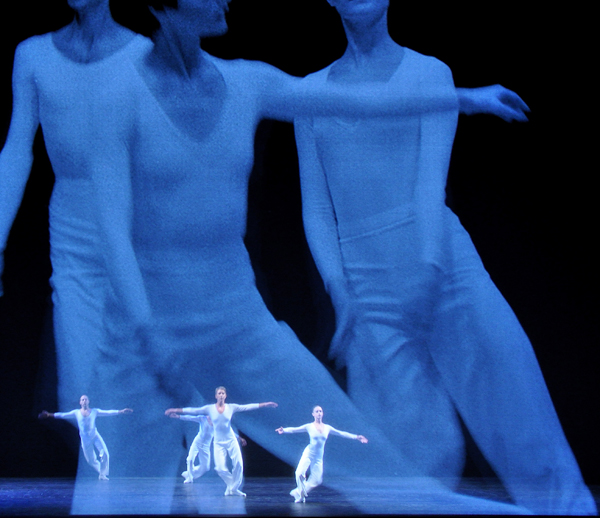 Lucinda Childs dancers and film images in "Dance." Photo: Sally Cohn