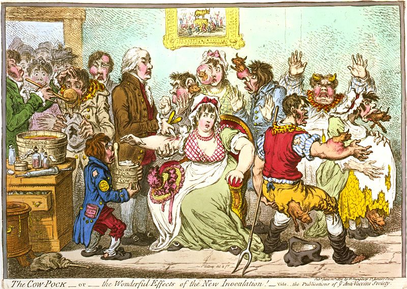 "The Cow-Pockâ€”orâ€”the Wonderful Effects of the New Inoculation!â€”vide. the Publications of ye Anti-Vaccine Society." Print (color engraving) by James Gillray (1756â€“1806)/Wikimedia Commons