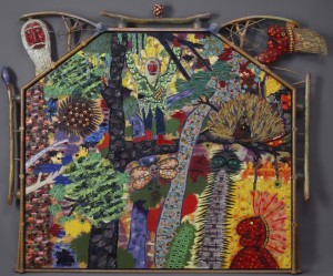 Roy DeForest, "Forest Hermit," 1990, Acrylic on canvas with artist-carved frame, Collection of Arlene and Harold Schnitzer.