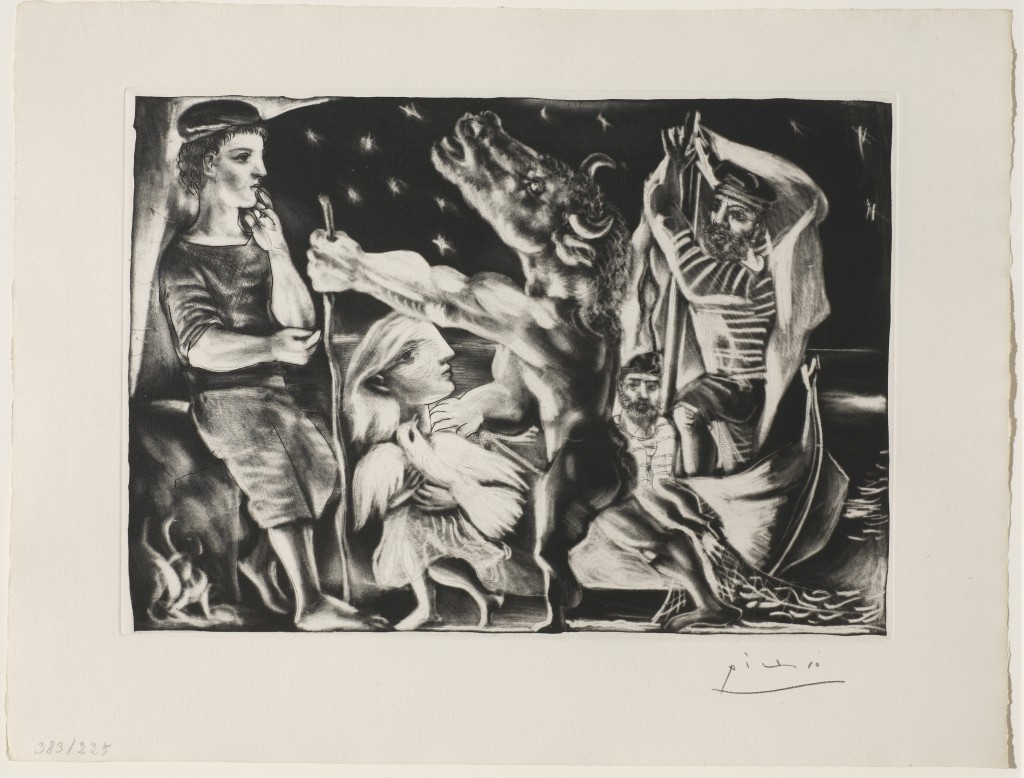 Pablo Picasso, "Blind Minotaur, Guided through a Starry Night by Marie-Therese with a Pigeon)," 1934-35 from the Suite Vollard, 1930-37. Aquatint, drypoint, and engraving with scraping, edition of 250, Anonymous loan.