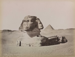 The Great Sphinx, still partly buried in sand, ca. 1880. Wikimedia Commons.