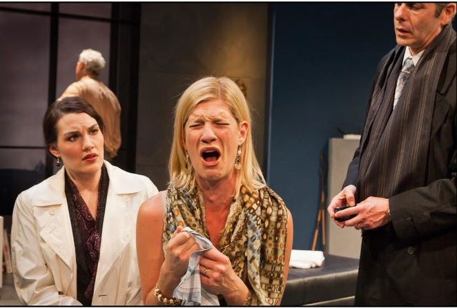 From left: Trisha Miller, Patrick Dizney (background), Allison Tigard and Michael Mendelson in "God of Carnage" at Artists Rep. Photo: OWEN CAREY
