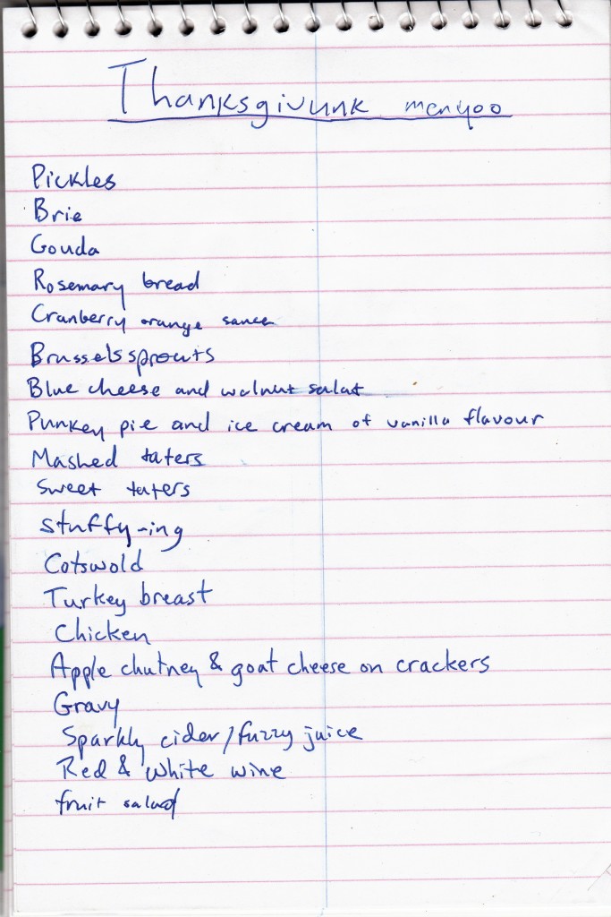 Scatter Family Thanksgiving menu 2011, written by Small LSB.